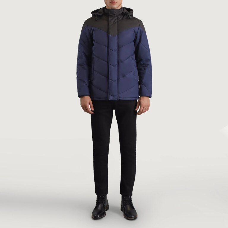 Mens Luka Black & Blue Puffer Jacket Full Length-2-1698700117805